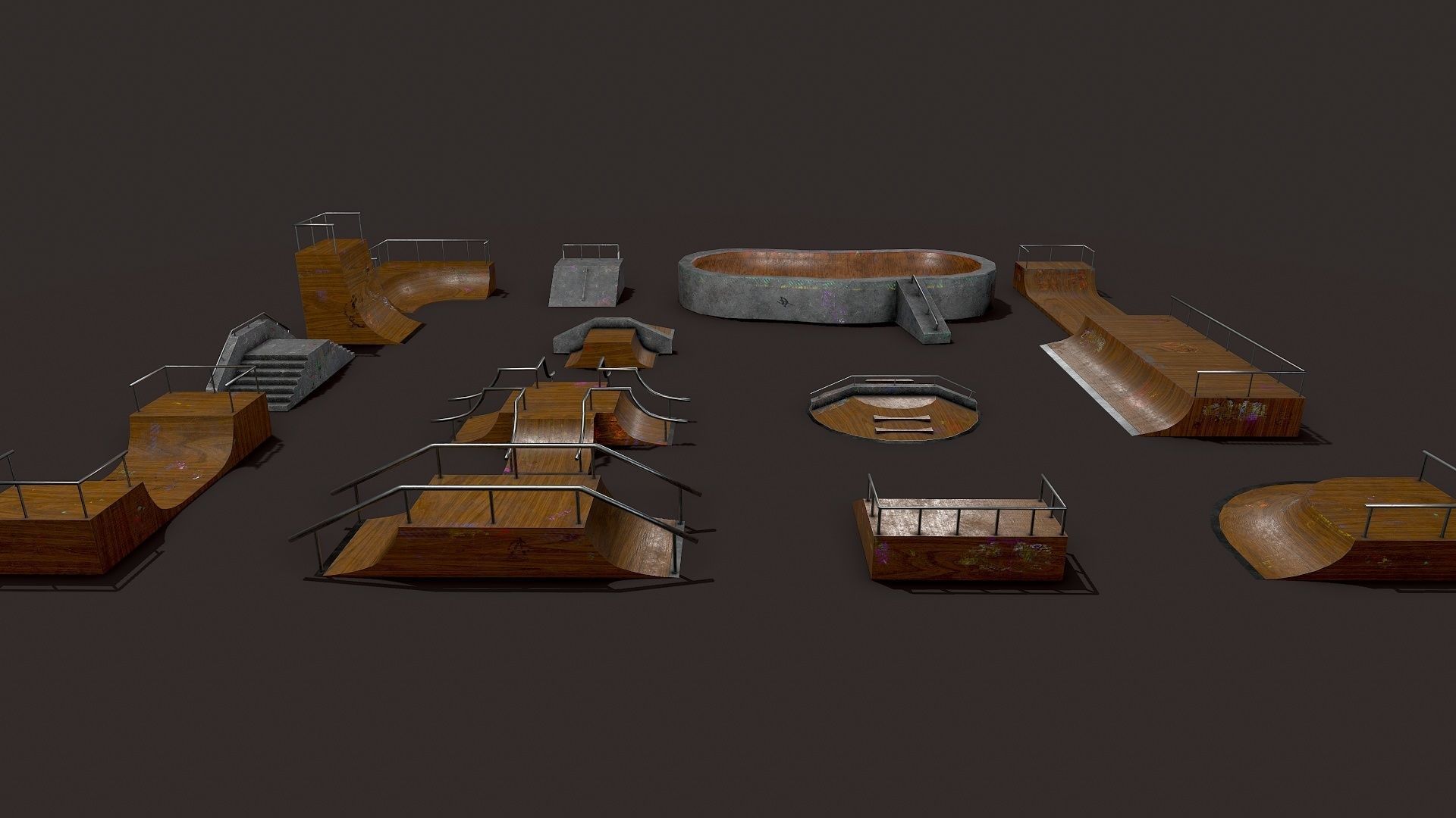 Lowpoly Modular Skatepark - 13 different ramps Low-poly 3D model_11