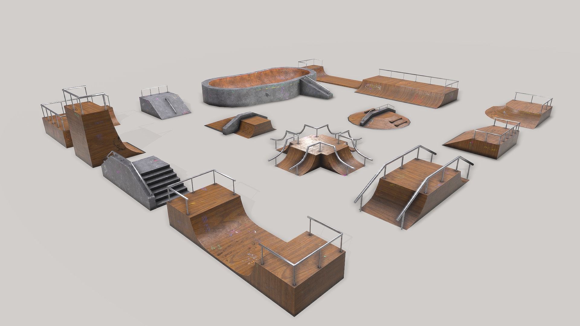 Lowpoly Modular Skatepark - 13 different ramps Low-poly 3D model_3