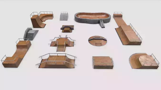 Lowpoly Modular Skatepark - 13 different ramps Low-poly 3D model