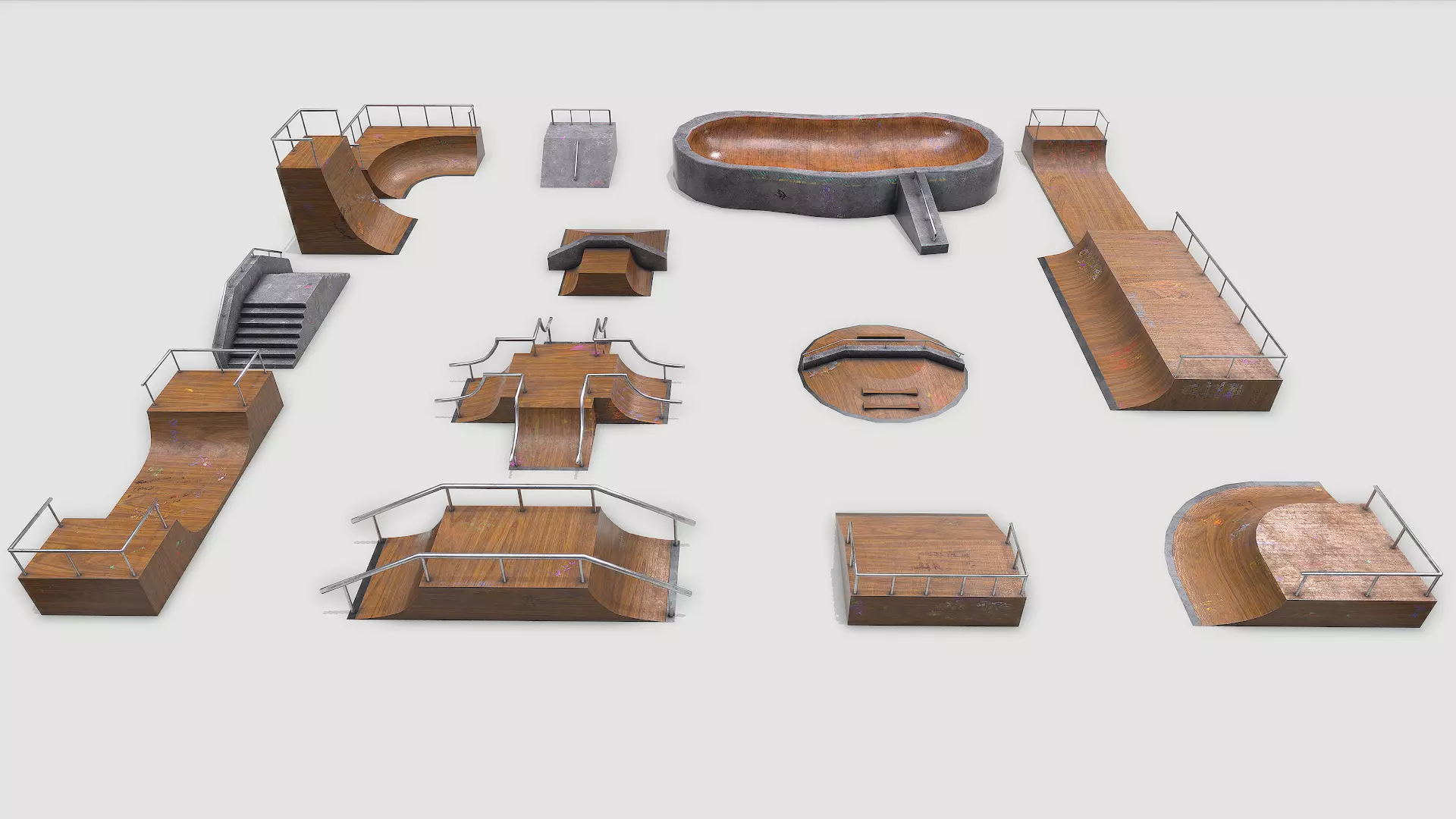 Lowpoly Modular Skatepark - 13 different ramps Low-poly 3D model_0