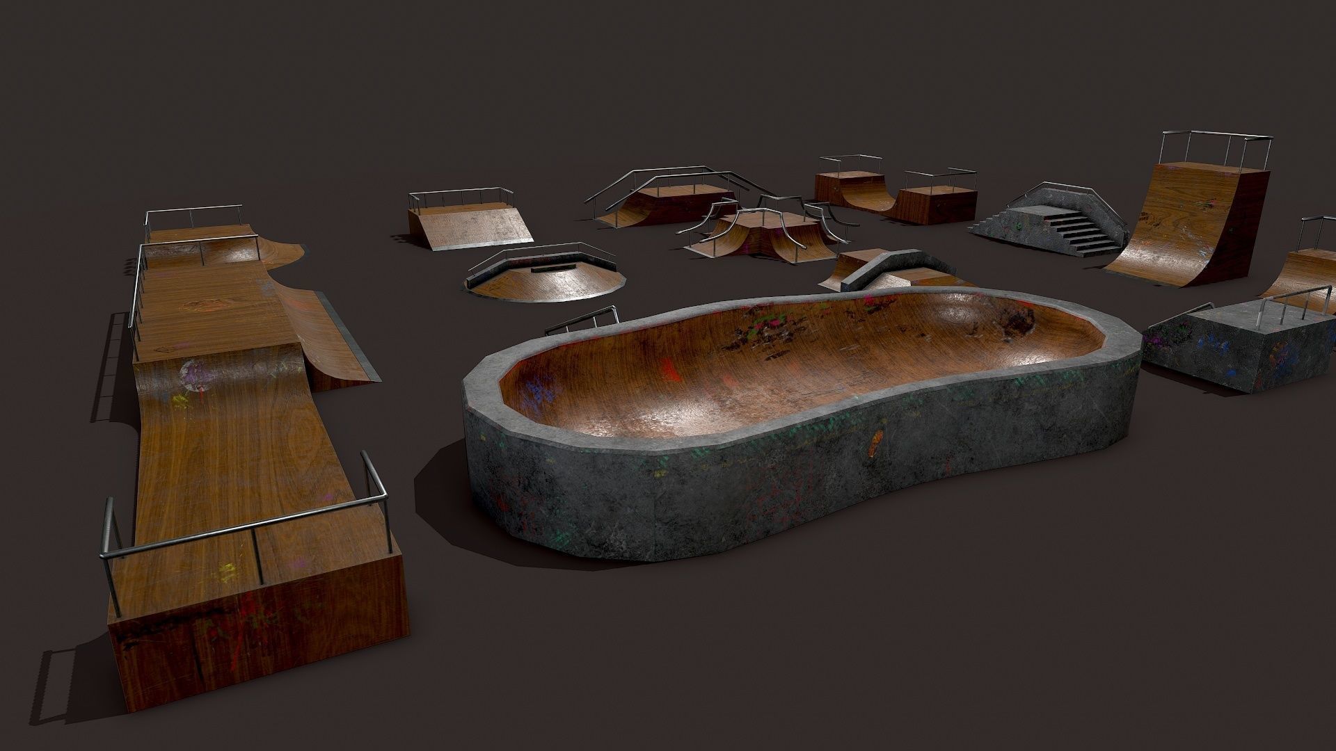 Lowpoly Modular Skatepark - 13 different ramps Low-poly 3D model_12