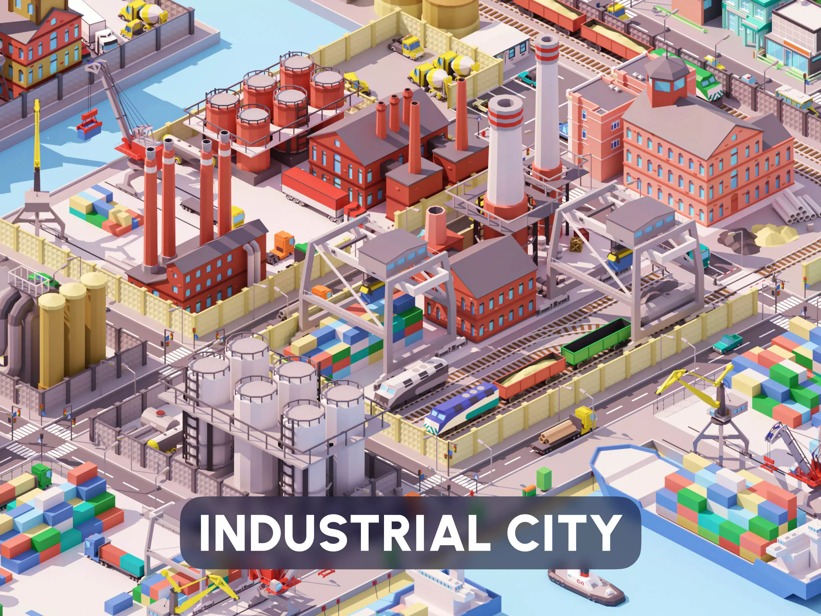 Industrial City Low-poly 3D model_0