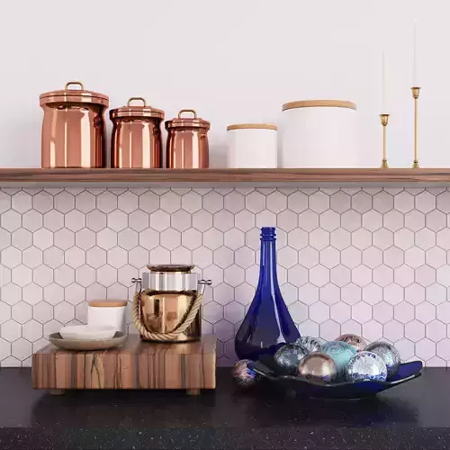 Decorative set kitchen shelf with copper pots and bowls