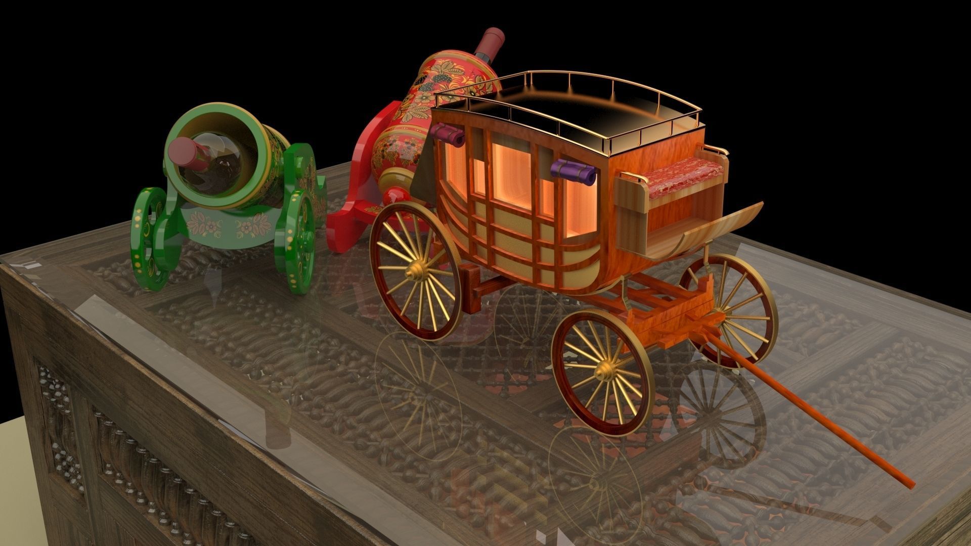Chinese table with wine bottle and stagecoach 3D model_4