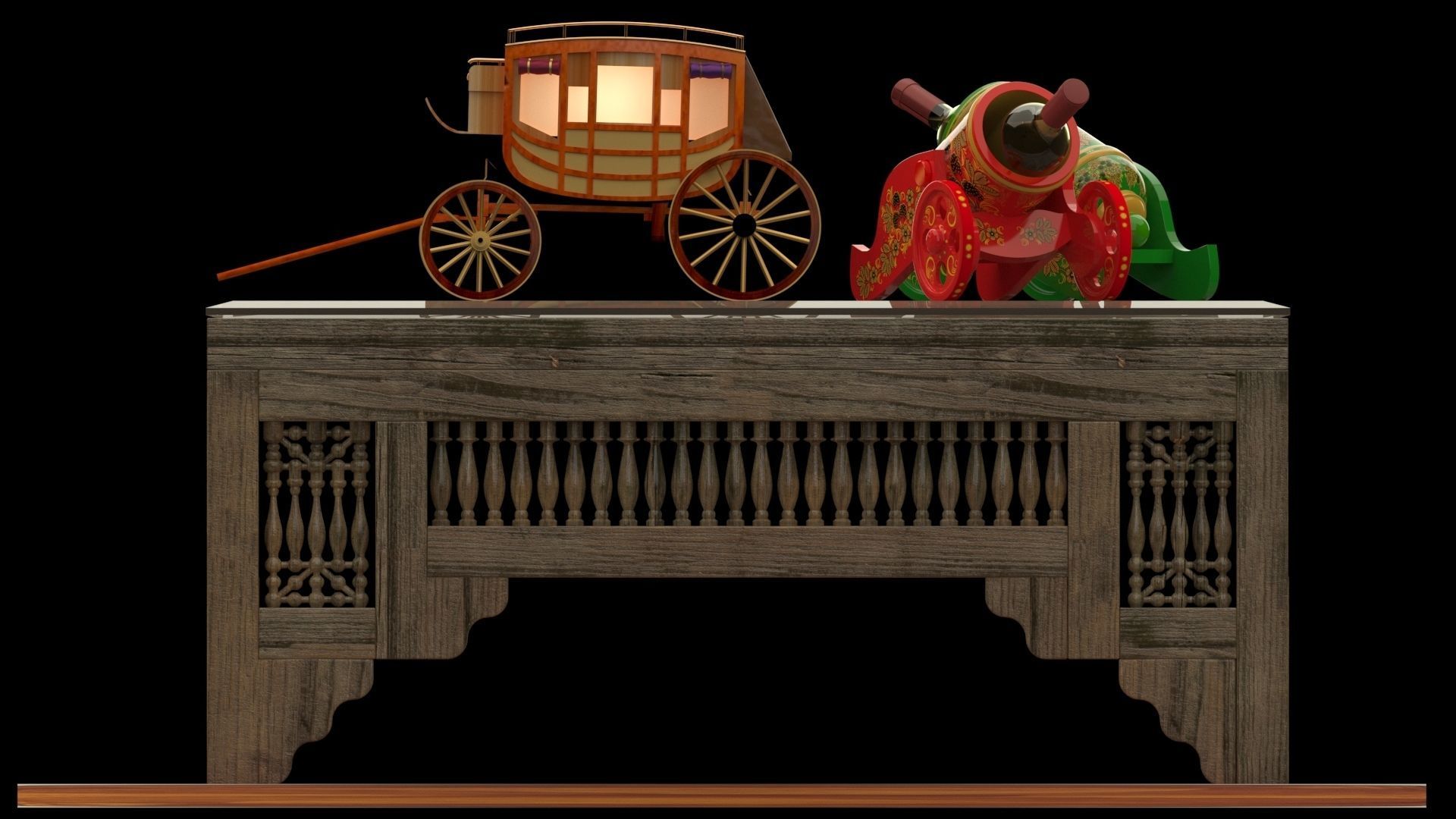 Chinese table with wine bottle and stagecoach 3D model_2