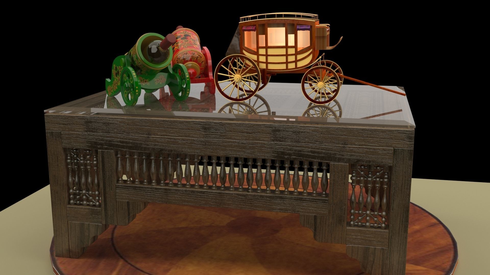 Chinese table with wine bottle and stagecoach 3D model_1