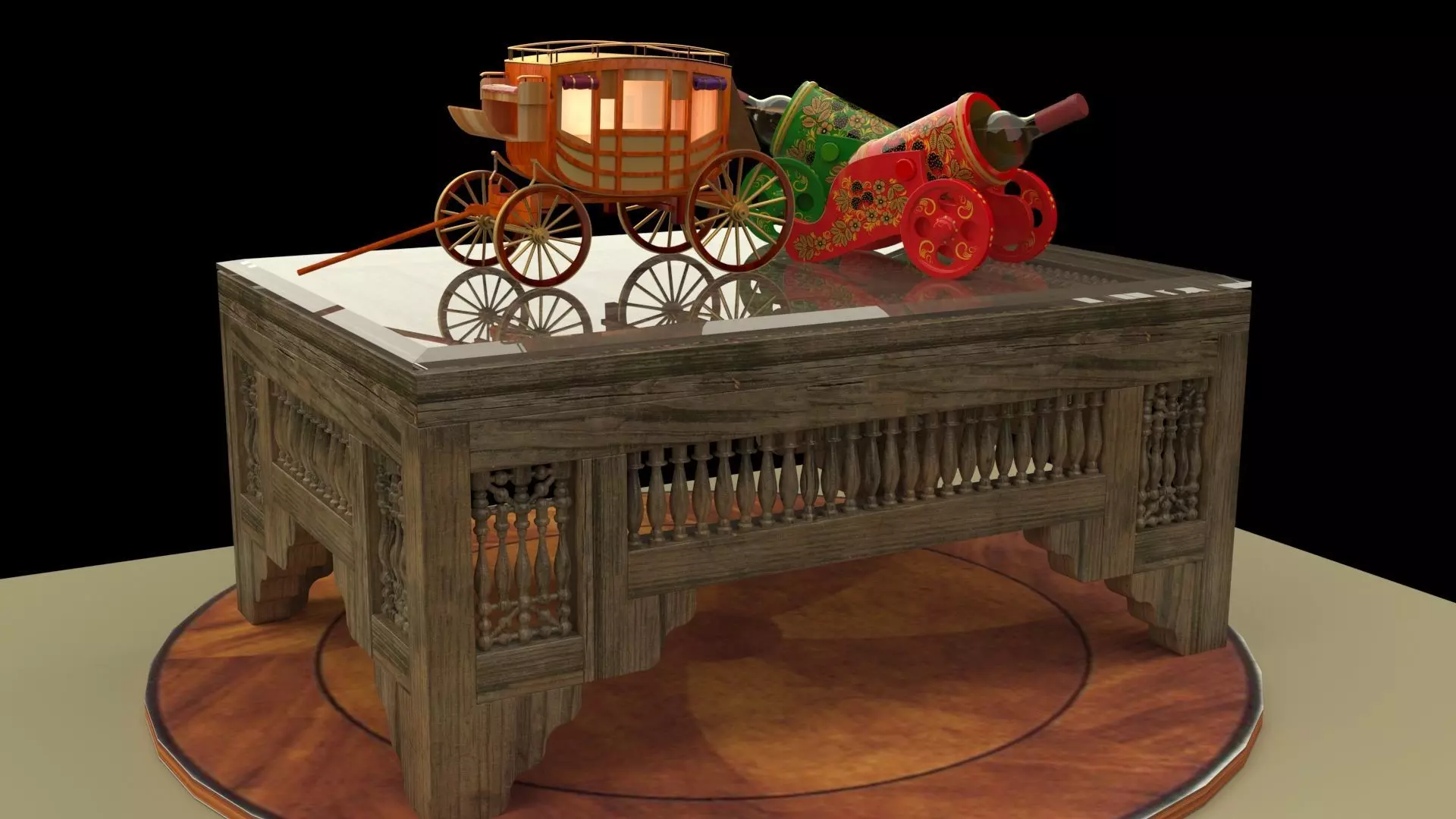 Chinese table with wine bottle and stagecoach 3D model_0