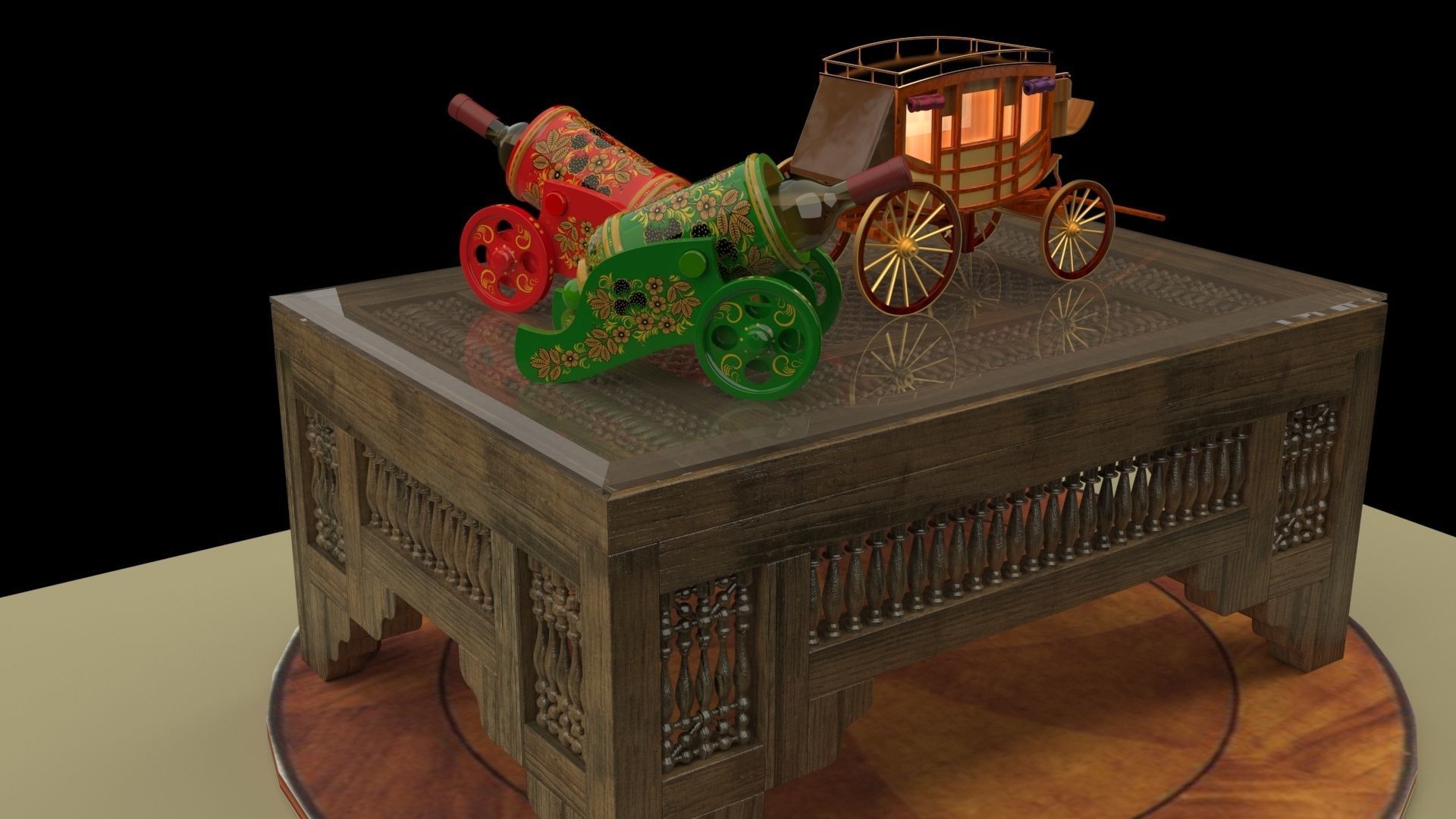 Chinese table with wine bottle and stagecoach 3D model_3