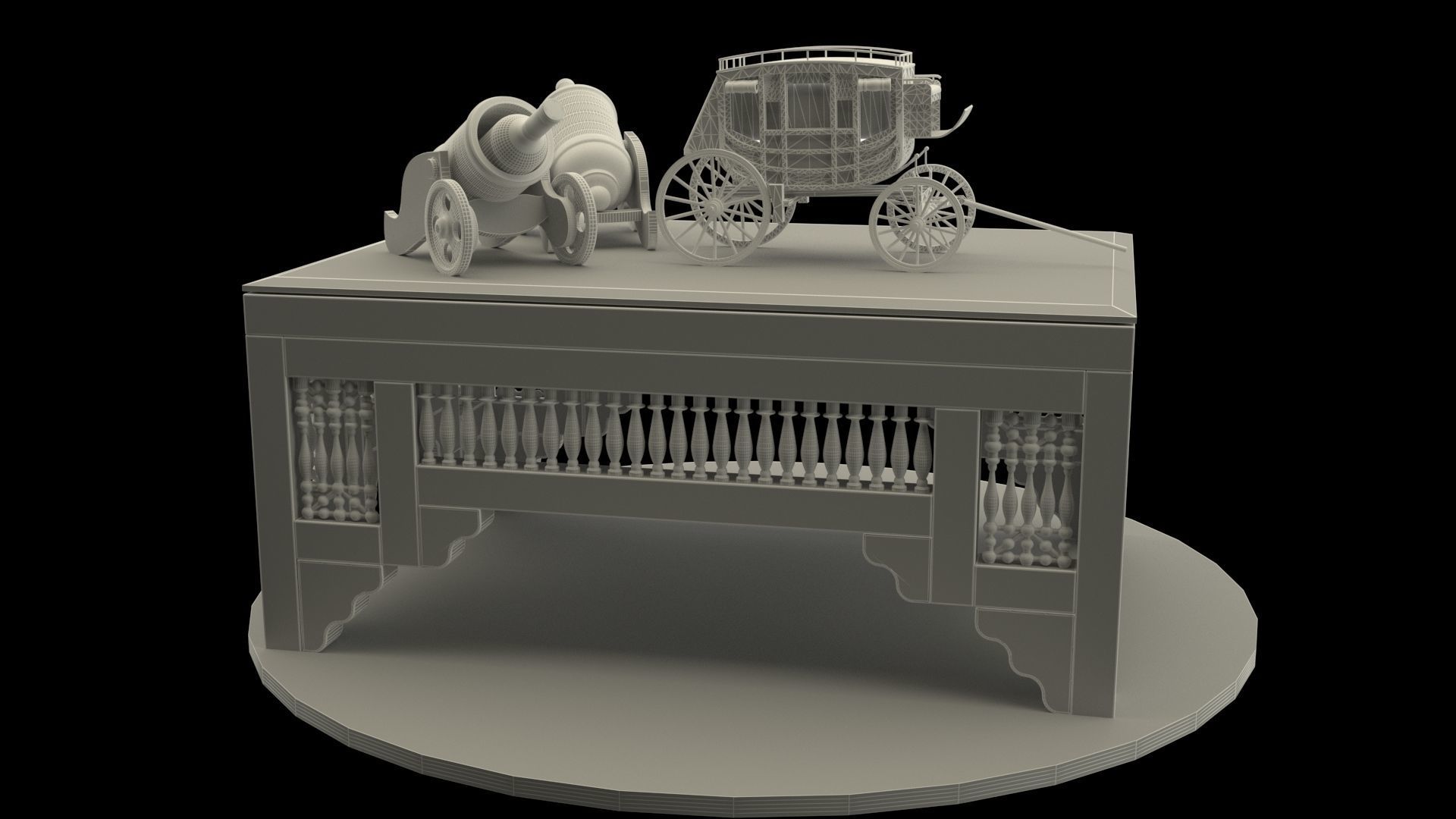 Chinese table with wine bottle and stagecoach 3D model_7