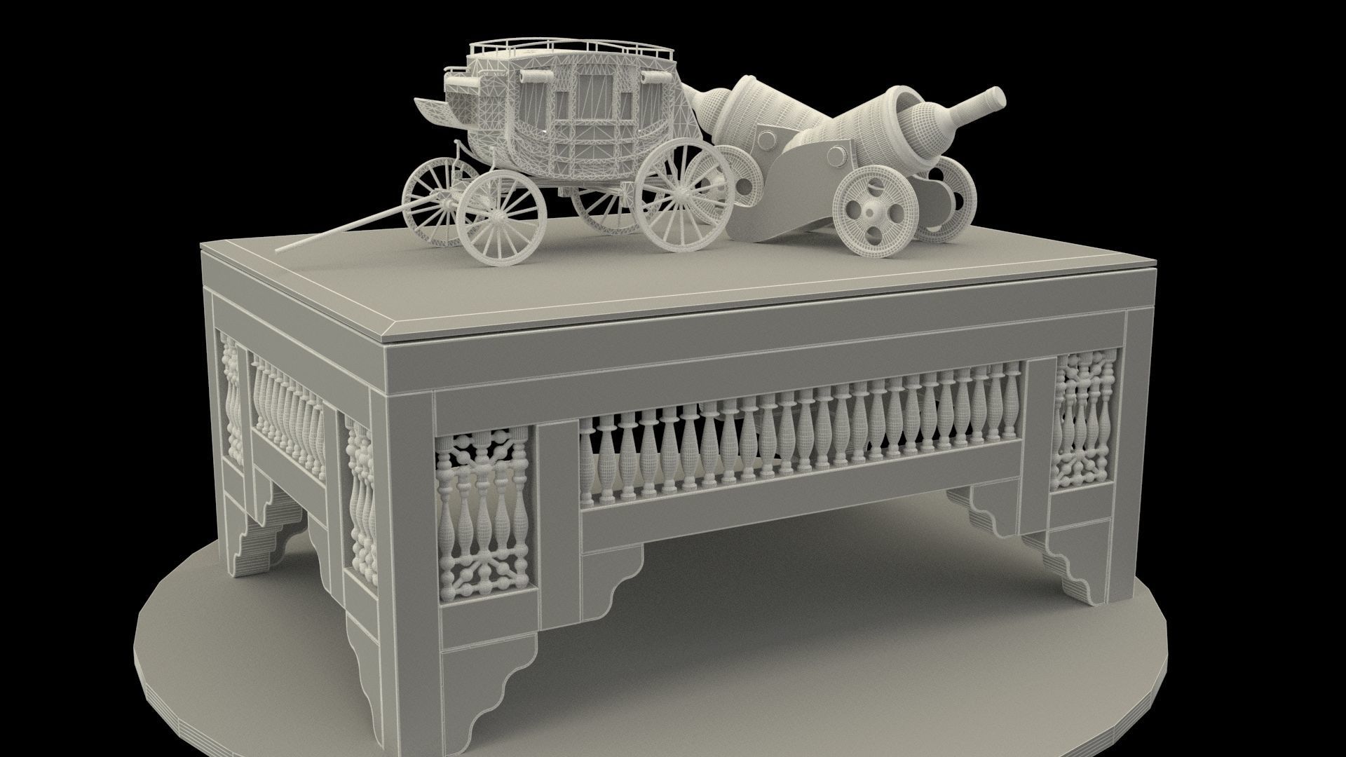 Chinese table with wine bottle and stagecoach 3D model_6