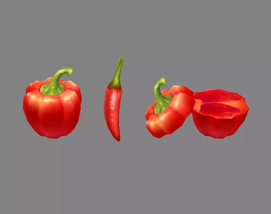 Cartoon Vegetable - Red chilli  and slice Low-poly 3D model_0