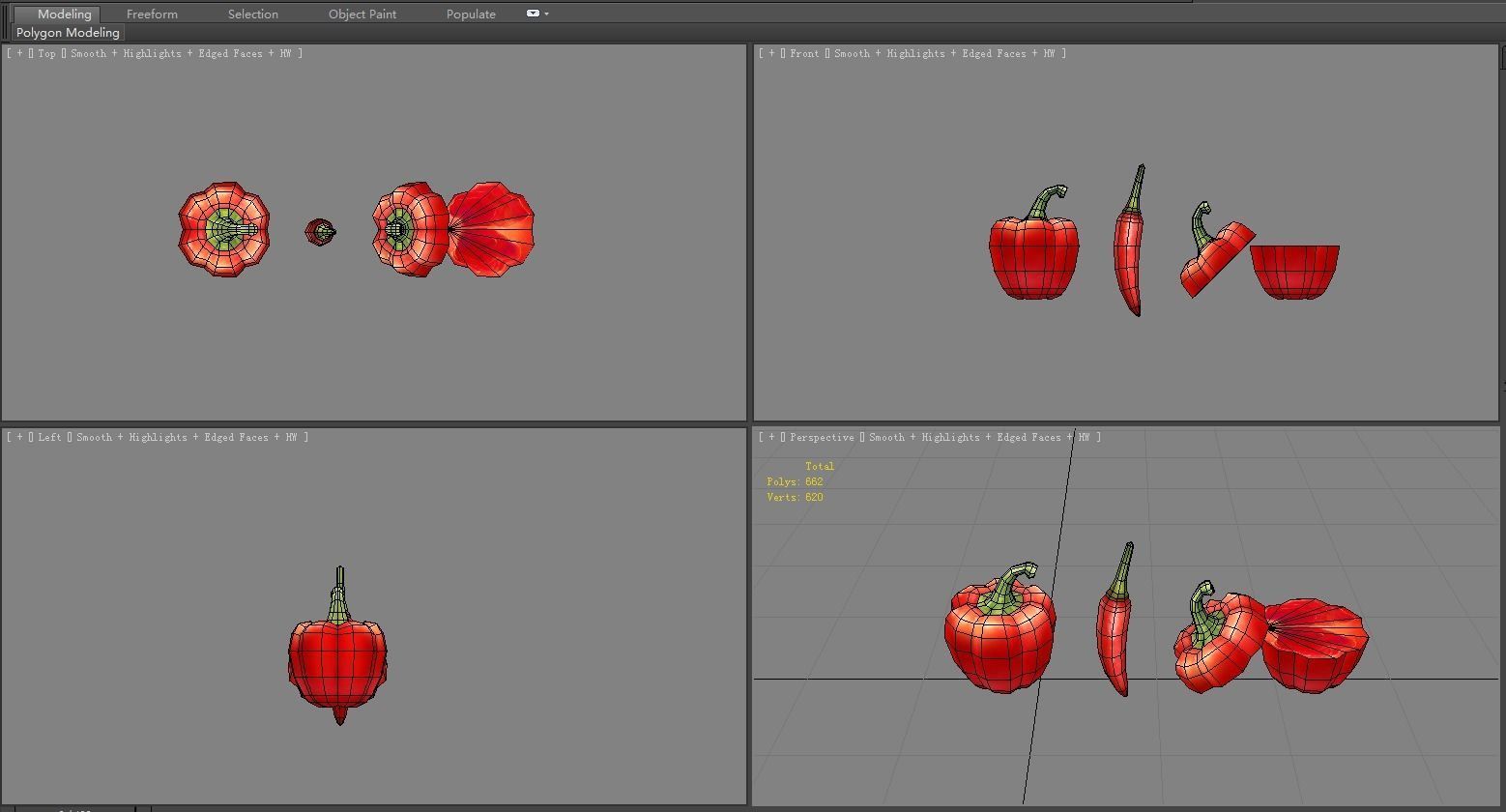 Cartoon Vegetable - Red chilli  and slice Low-poly 3D model_4