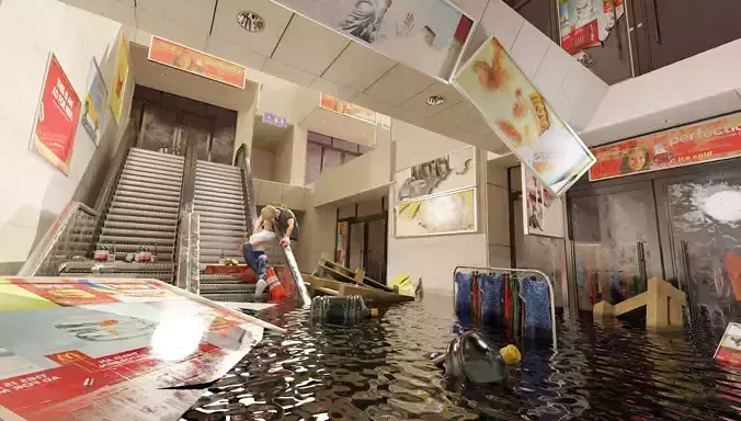 flooded mall with alot of other assets