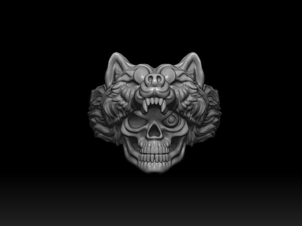 Biker ring skull and wolf 3D print model 3D print model_1