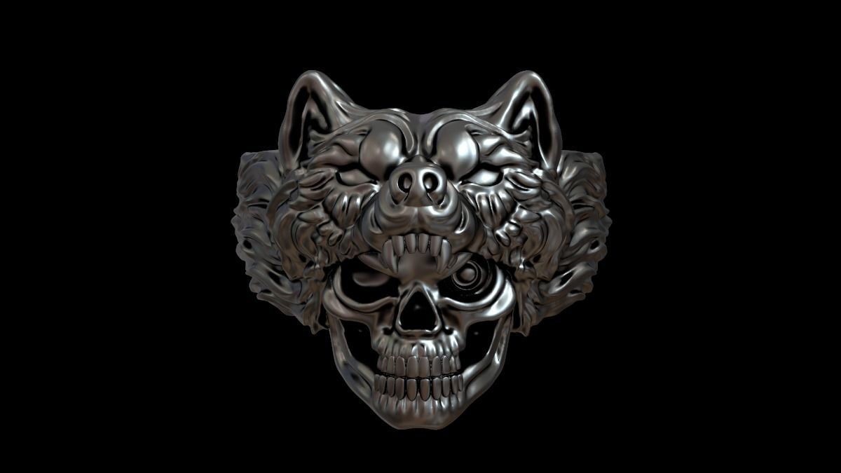 Biker ring skull and wolf 3D print model 3D print model_4