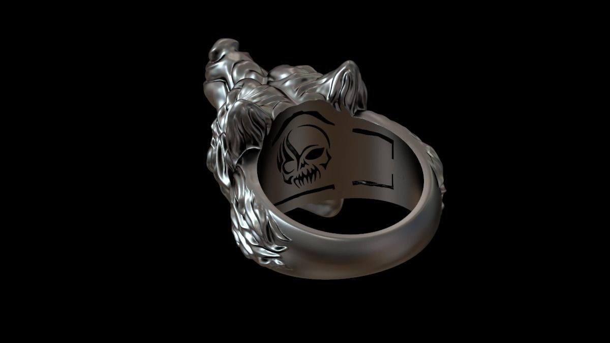 Biker ring skull and wolf 3D print model 3D print model_18