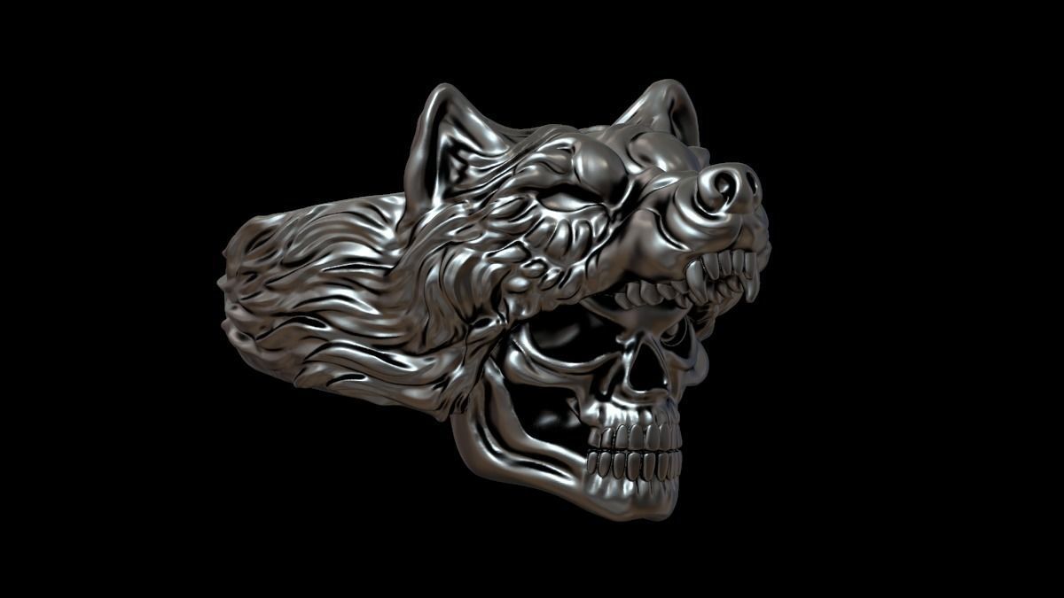 Biker ring skull and wolf 3D print model 3D print model_3