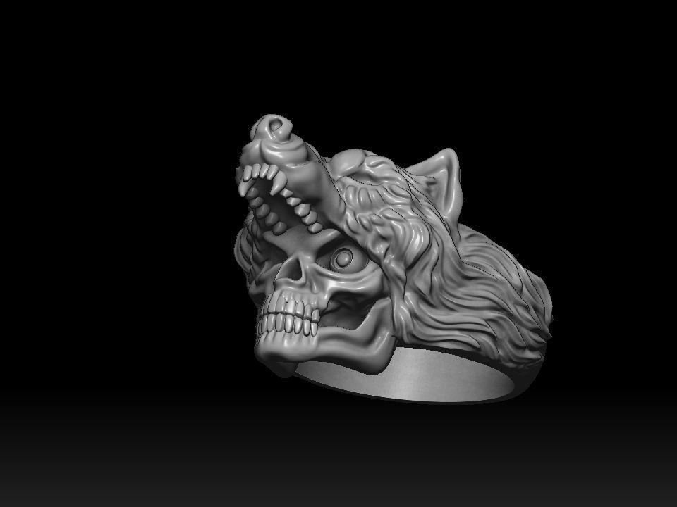 Biker ring skull and wolf 3D print model 3D print model_10
