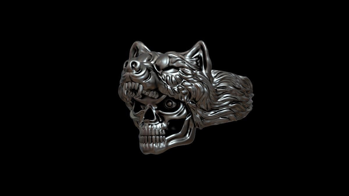 Biker ring skull and wolf 3D print model 3D print model_29