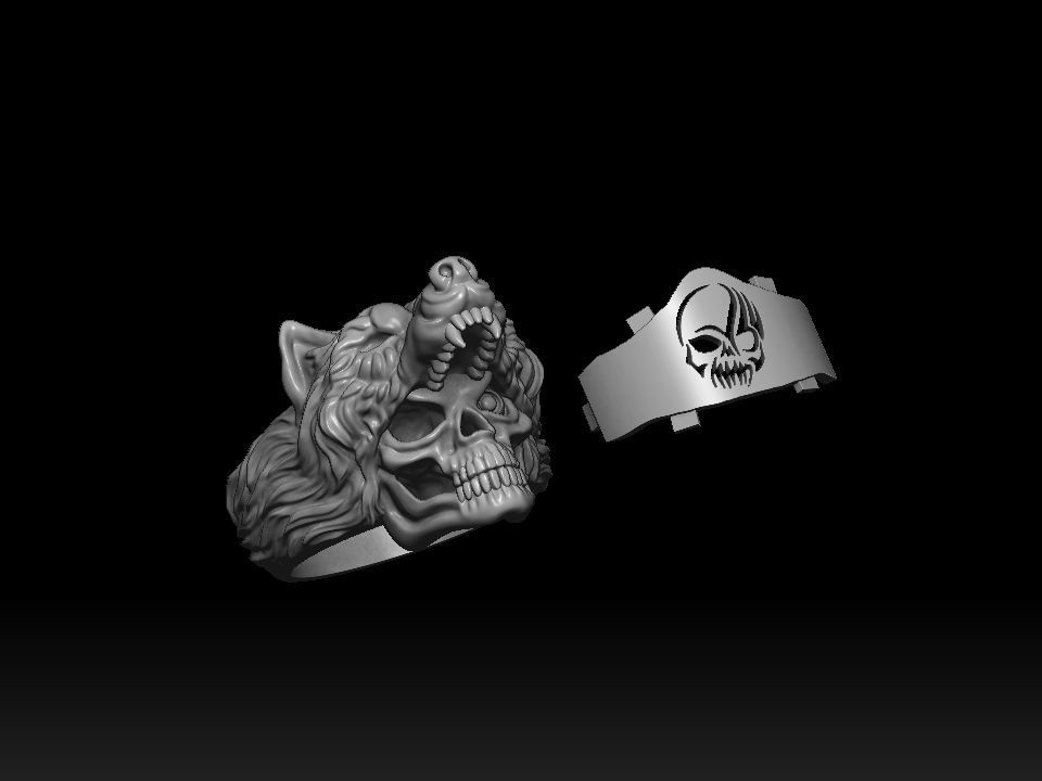 Biker ring skull and wolf 3D print model 3D print model_2