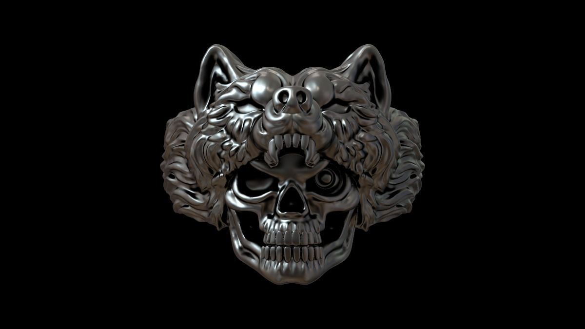 Biker ring skull and wolf 3D print model 3D print model_30