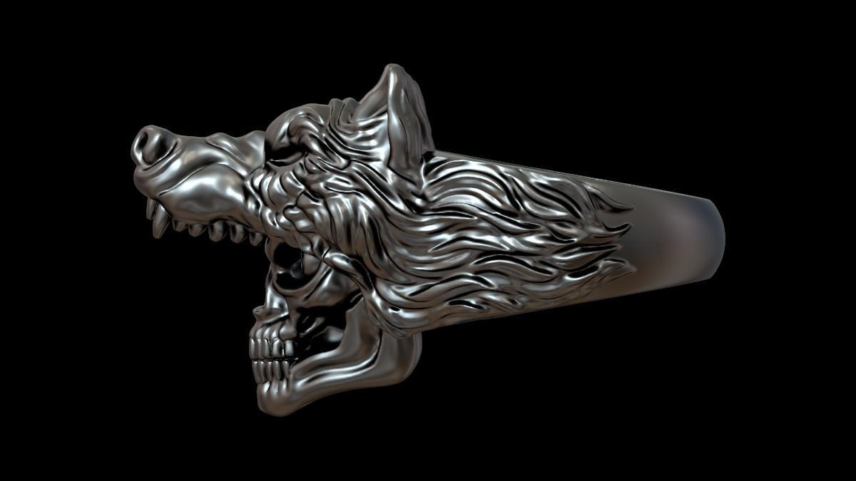 Biker ring skull and wolf 3D print model 3D print model_32
