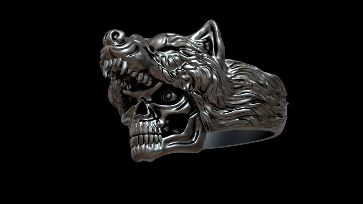 Biker ring skull and wolf 3D print model 3D print model_31