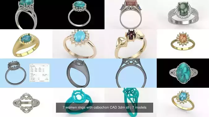 7 women rings with cabochon CAD 3dm stl 3D Model Collection