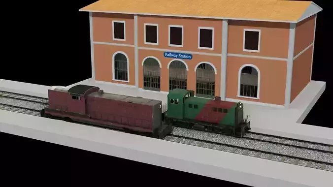Railway station and two diesel locomotive 3D models