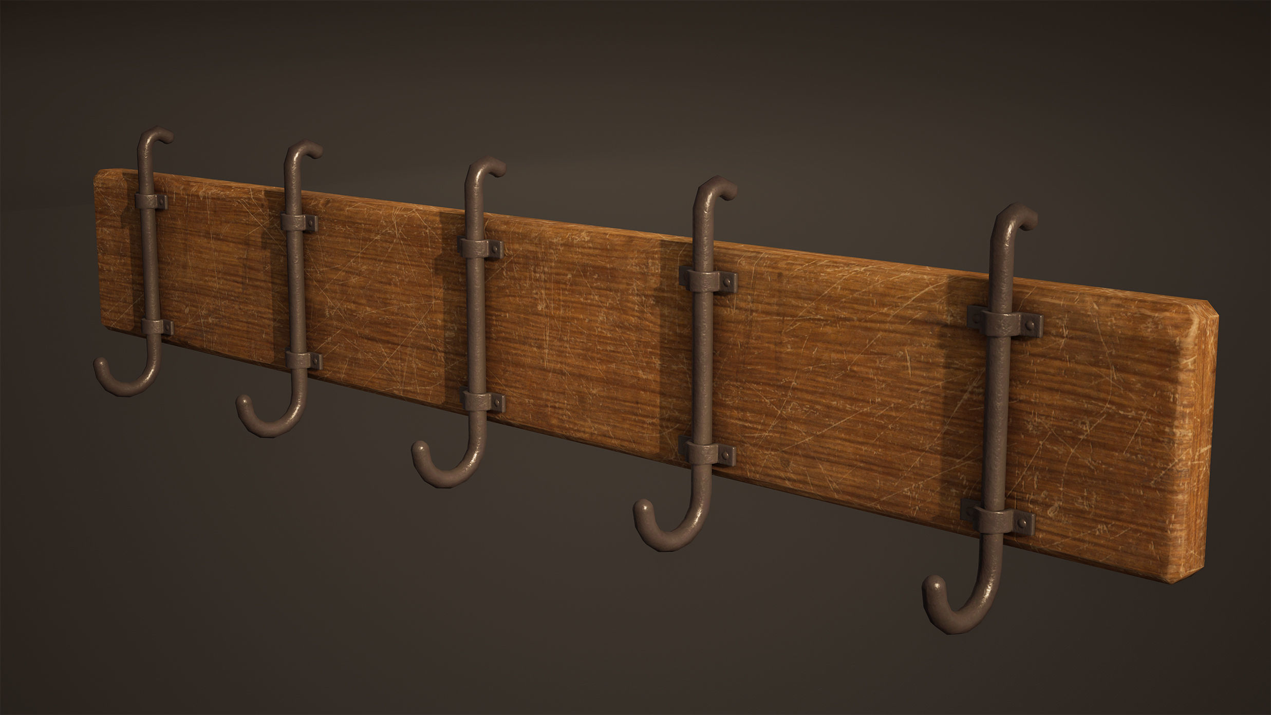Hanger Game Ready wooden coat rack with hooks Low-poly 3D model_1