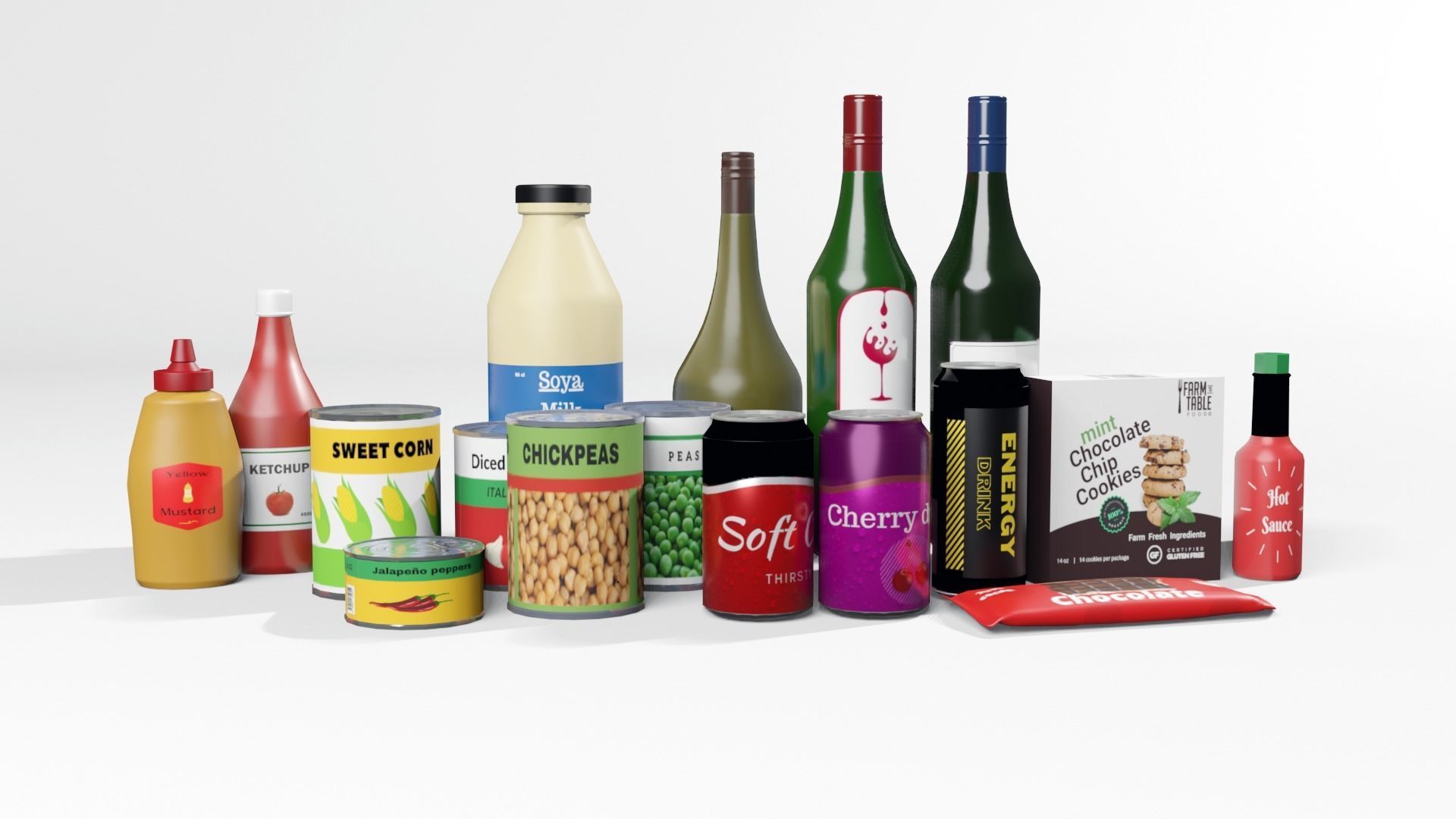 Groceries 2 cans and bottles Low-poly 3D model_1