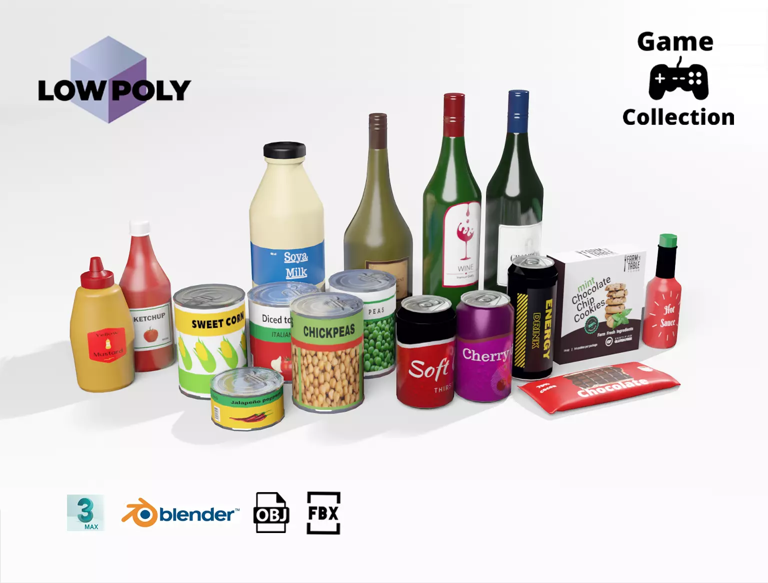 Groceries 2 cans and bottles Low-poly 3D model_0