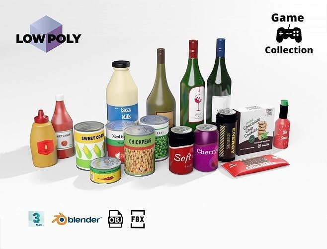 Groceries 2 cans and bottles Low-poly 3D model