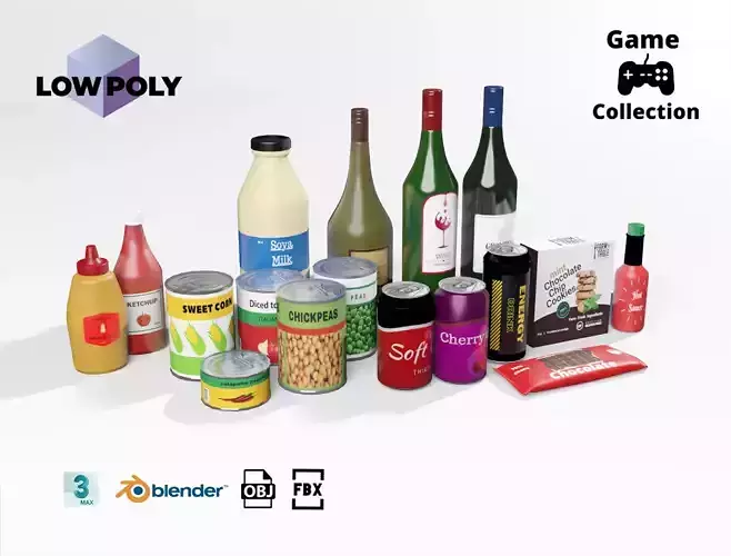 Groceries 2 cans and bottles Low-poly 3D model