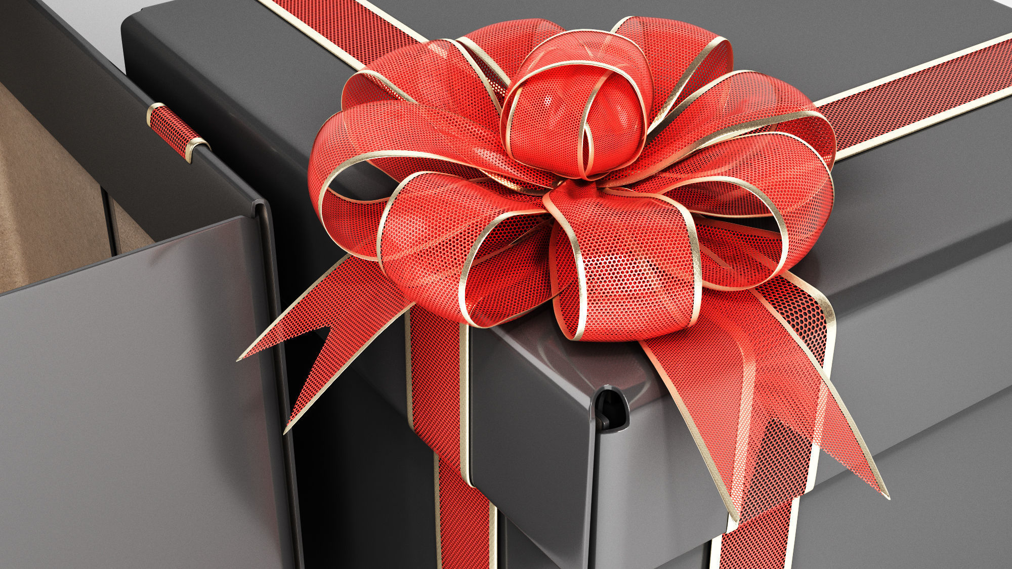 Black cardboard gift box with red bow 3D model_4