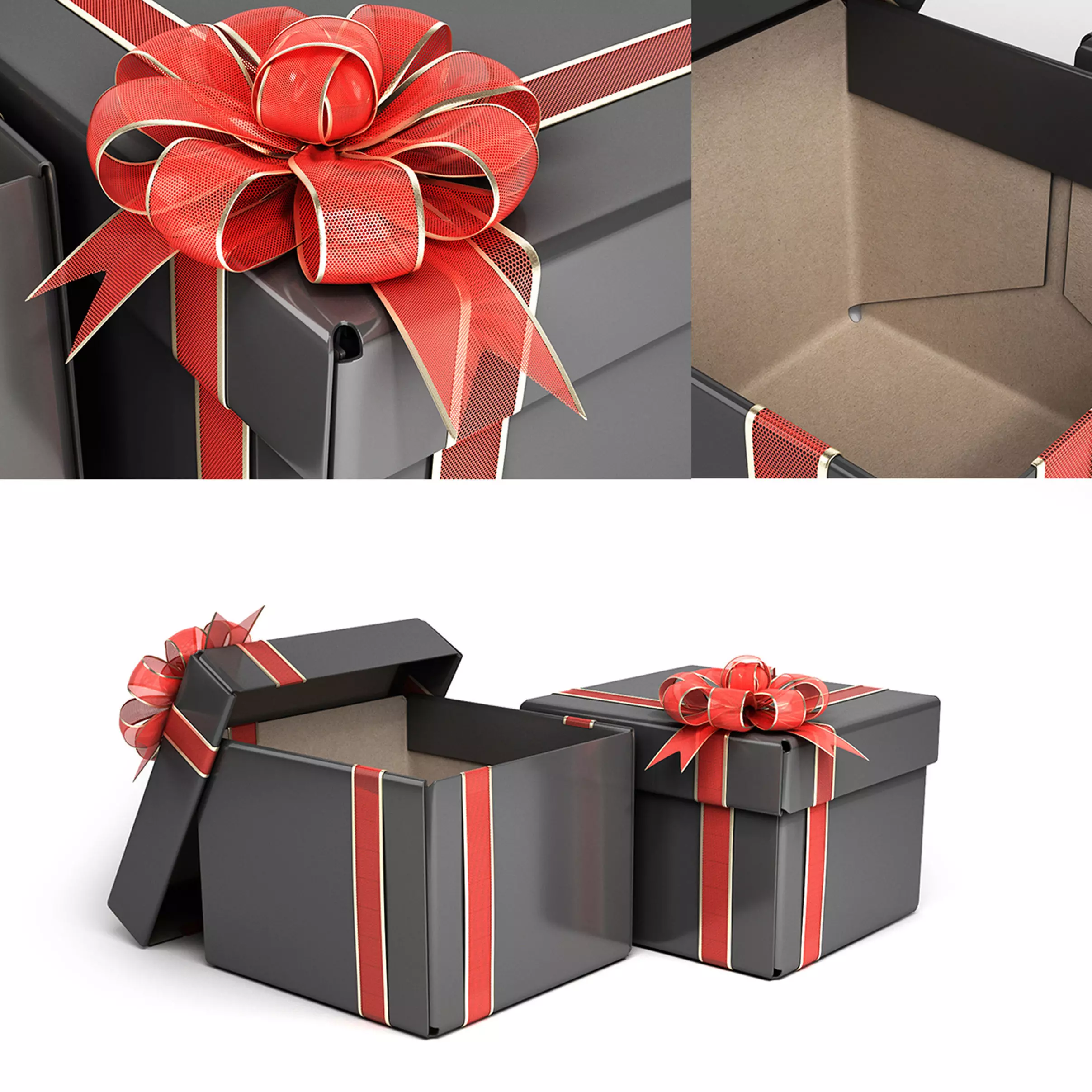 Black cardboard gift box with red bow 3D model_0