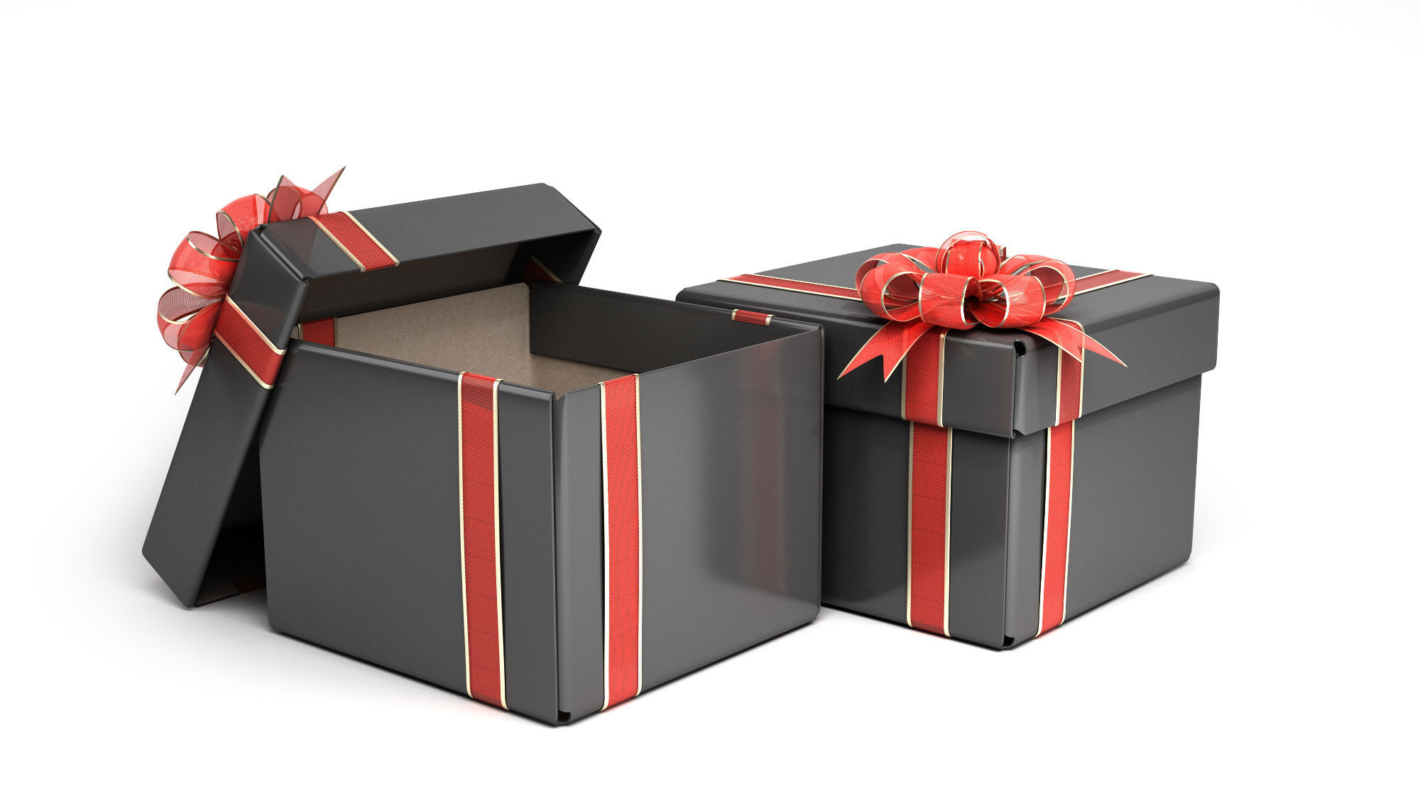 Black cardboard gift box with red bow 3D model_2