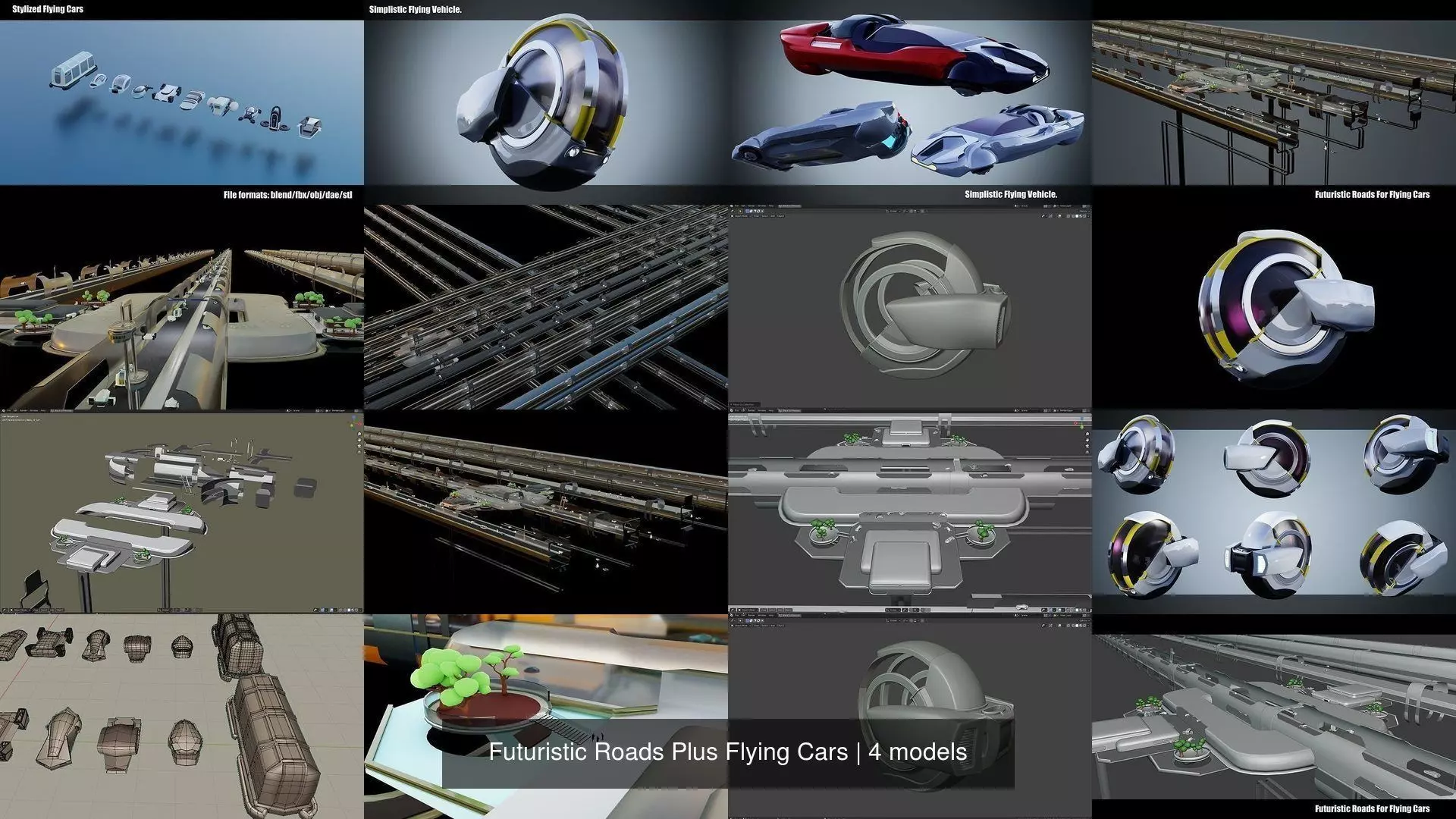 Futuristic Roads Plus Flying Cars 3D Model Collection_0