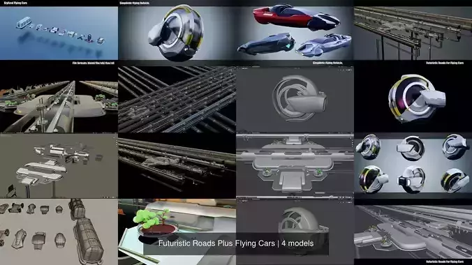 Futuristic Roads Plus Flying Cars 3D Model Collection