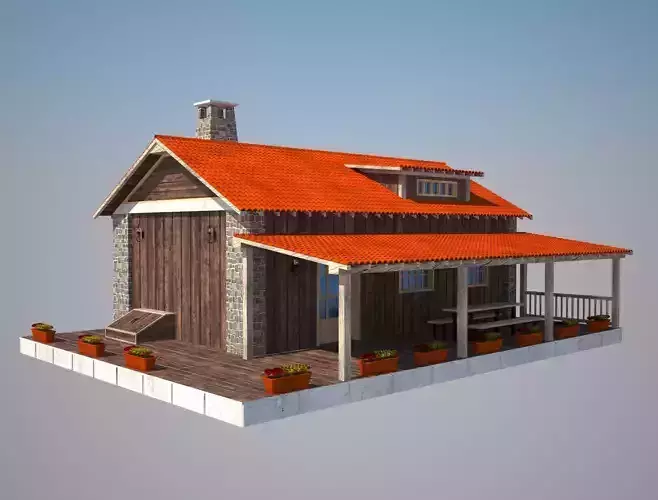 House 3D Model wooden with orange roof