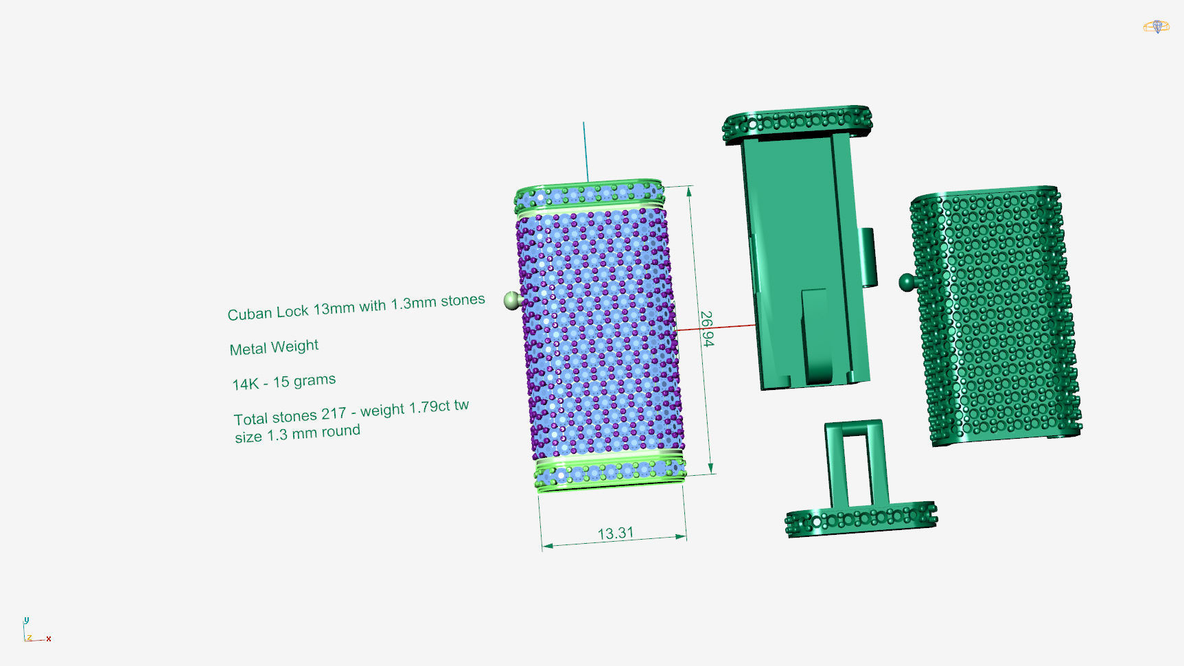 13mm X 1inch Cuban chain Lock  with two stones sizes models 3D print model_8