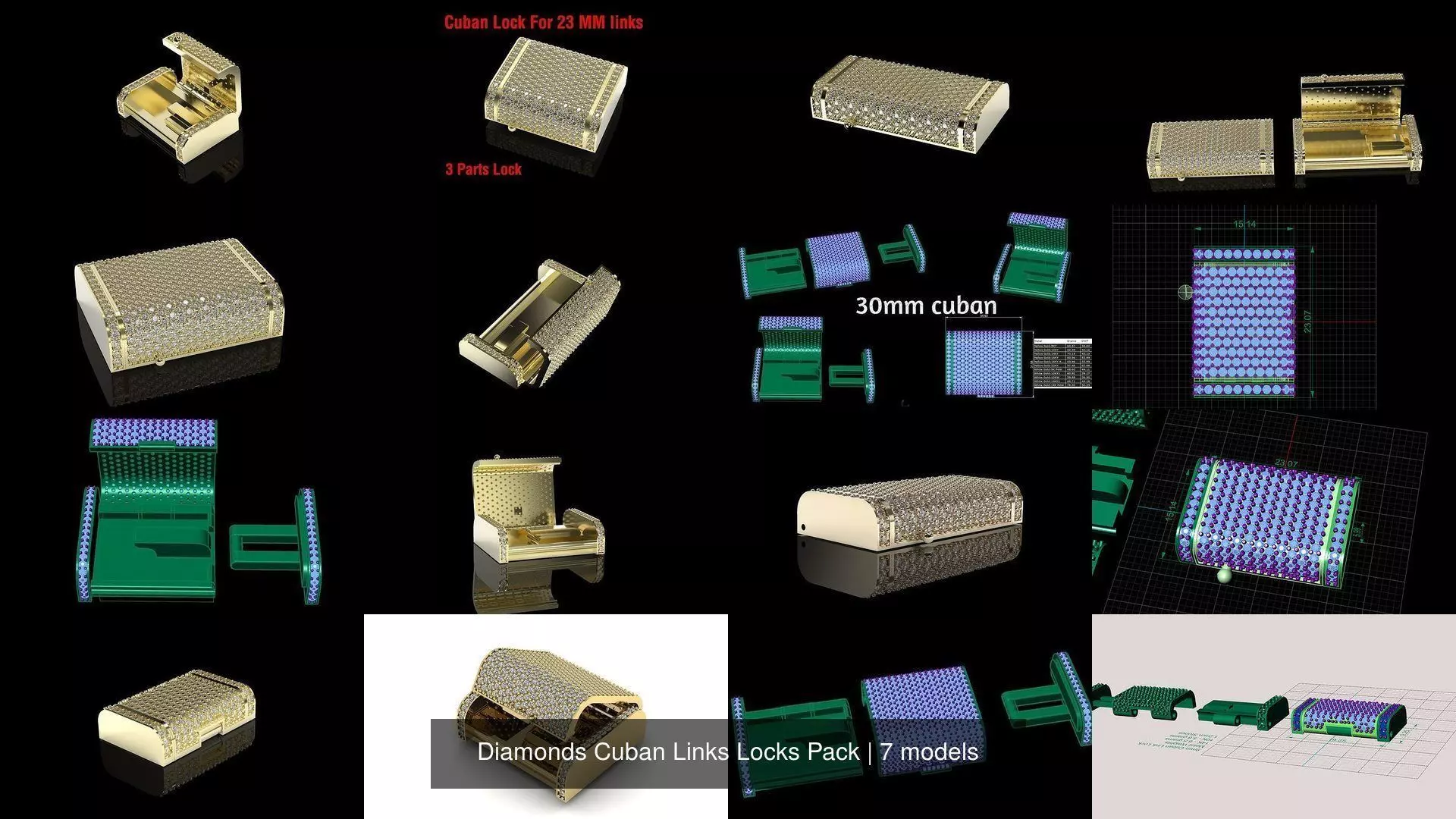 Diamonds Cuban Links Locks Pack 3D Model Collection_0