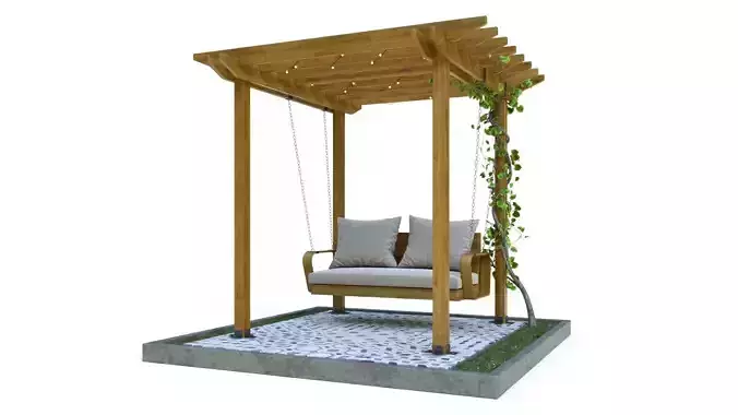 Wooden pergola with hanging sofa