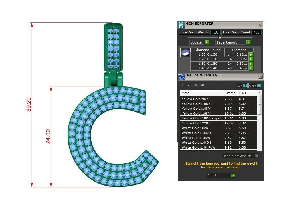 Diamond Alphabet Pendant Letter C 3D print model_9