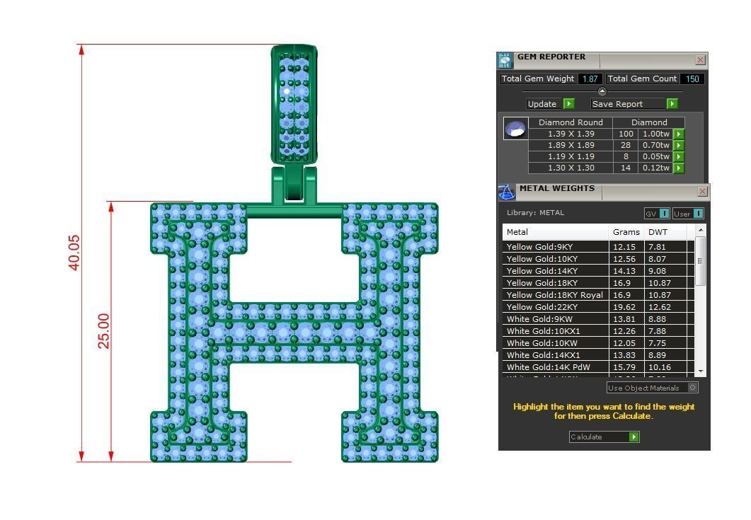 Diamond Alphabet Pendant Letter H 3D print model_9