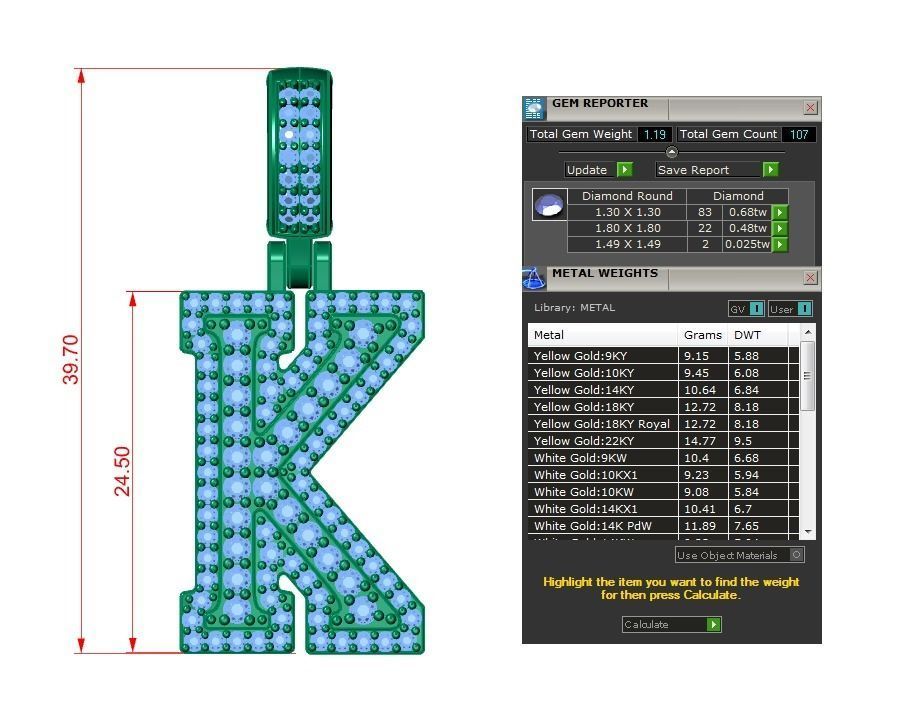 Diamond Alphabet Pendant Letter K 3D print model_9