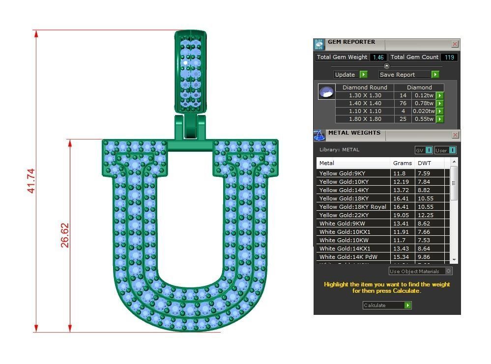 Diamond Alphabet Pendant Letter U 3D print model_9
