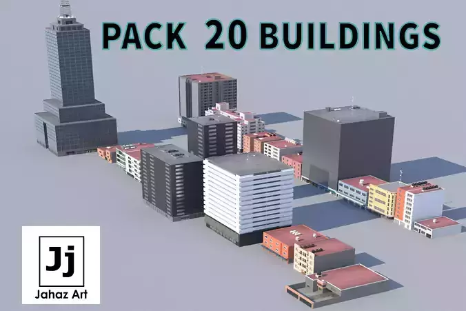 Pack of 20 Buildings Low-poly 3D model