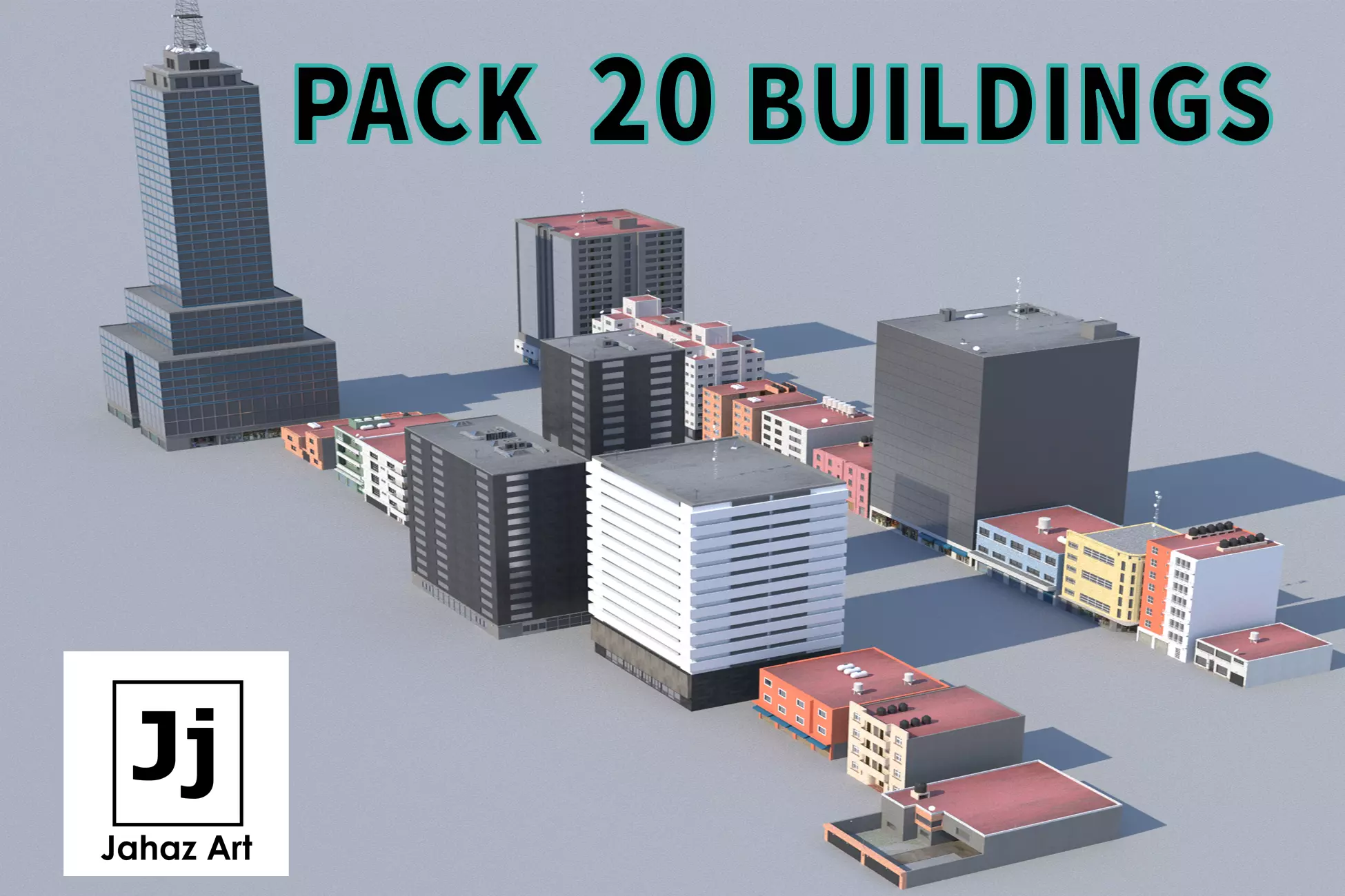 Pack of 20 Buildings Low-poly 3D model_0