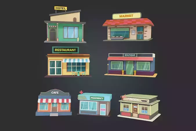 Low Poly Shops Model set of Low-poly 3D model